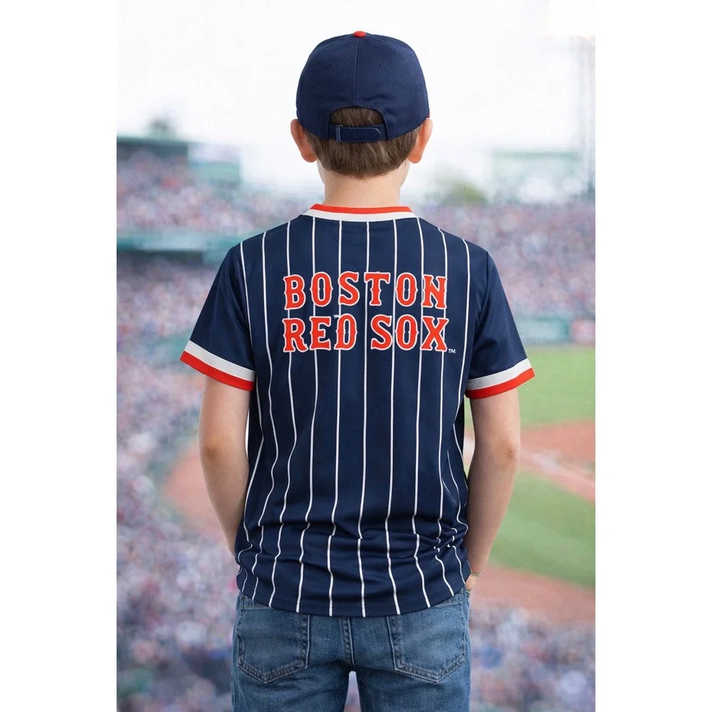 True‎ Fan Boston Red Sox Youth Jersey Navy Blue Pinstripe MLB Shirt Large L